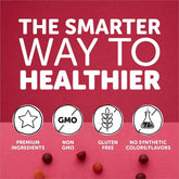 With a pink and red background, The Smarter Way to Healthier is highlighted alongside icons for premium ingredients, non-GMO, gluten-free, and no synthetic colors/flavors. The supplementcorner Smarty Pants Womens Formula Multivitamin includes small brown, red, and orange gummies at the bottom.